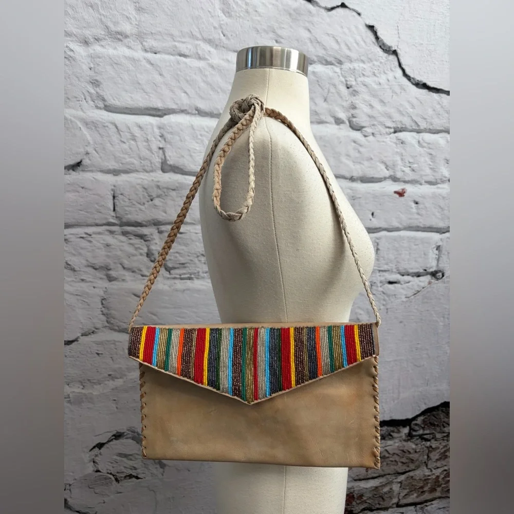 Handmade No Sew Leather Multicolor Beaded Striped Tribal Neutral Crossbody Bag‎